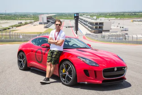 Actress Mena Suvari and actor Sebastian Stan, who currently stars in Captain America: The Winter Soldier, with the all-new F-TYPE Coupe, at the Circuit of the Americas in Austin, TX, as part of the Jaguar Villain Academy on May 10, 2014.